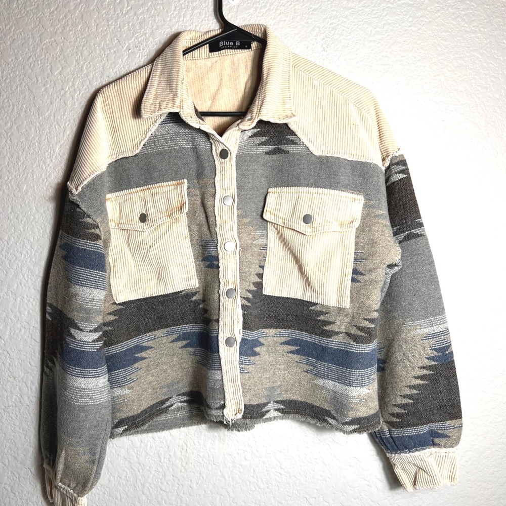 Blue B Collection Corduroy Aztec‎ Shacket Shirt Jacket Small oversized Women